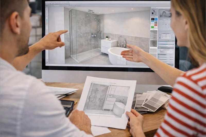 Couple reviewing 3D bathroom design on screen during planning consultation