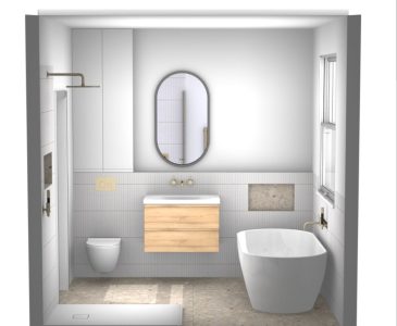 3D front view bathroom design render showing freestanding bath, oak vanity and brass fittings for South London renovation