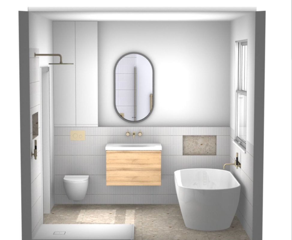 3D front view bathroom design render showing freestanding bath, oak vanity and brass fittings for South London renovation