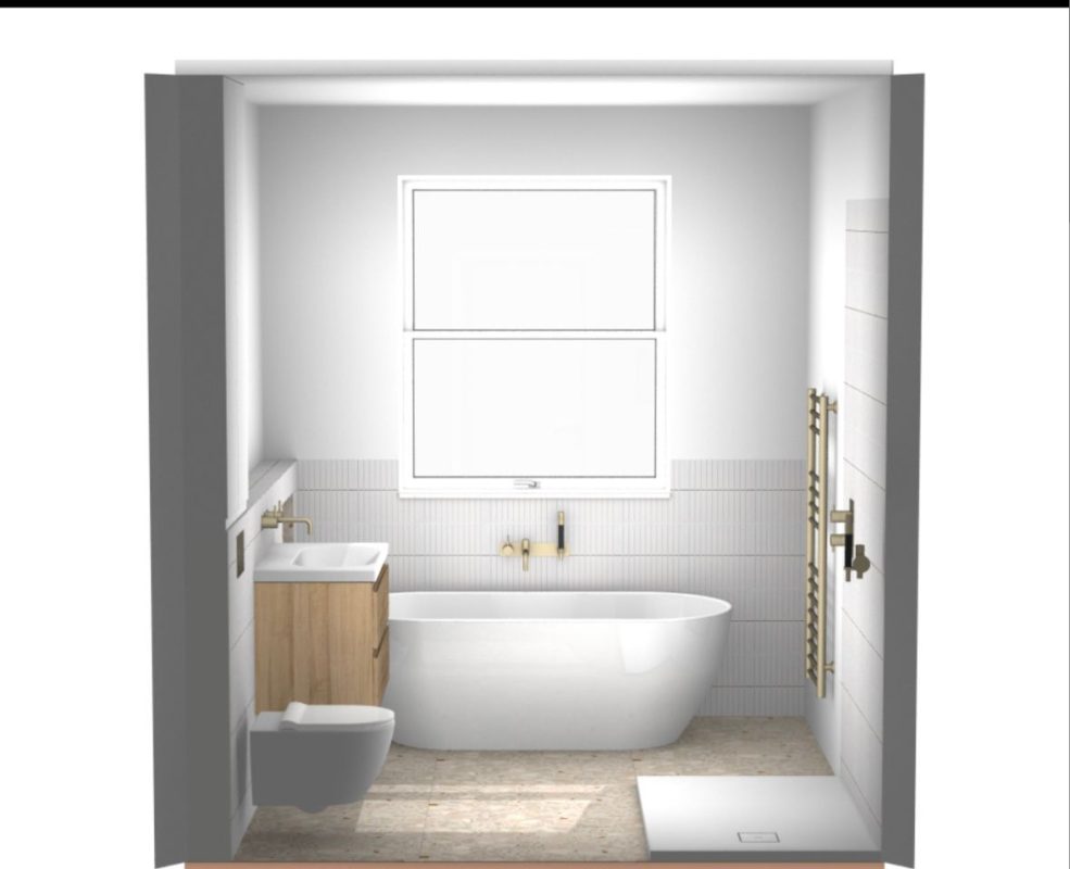 3D full bathroom layout render showing bath, shower, vanity and toilet placement for South London renovation project