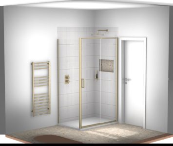 3D render of shower zone with brass enclosure, ladder towel rail and vertical tile niche for South London bathroom design