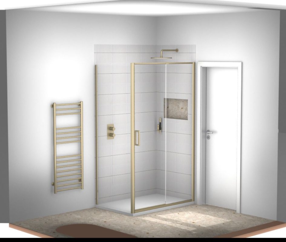 3D render of shower zone with brass enclosure, ladder towel rail and vertical tile niche for South London bathroom design