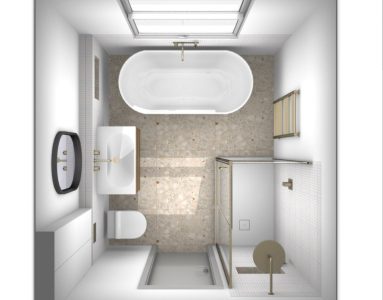 3D top view bathroom layout render with freestanding bath, terrazzo tiles and separate shower enclosure for South London project