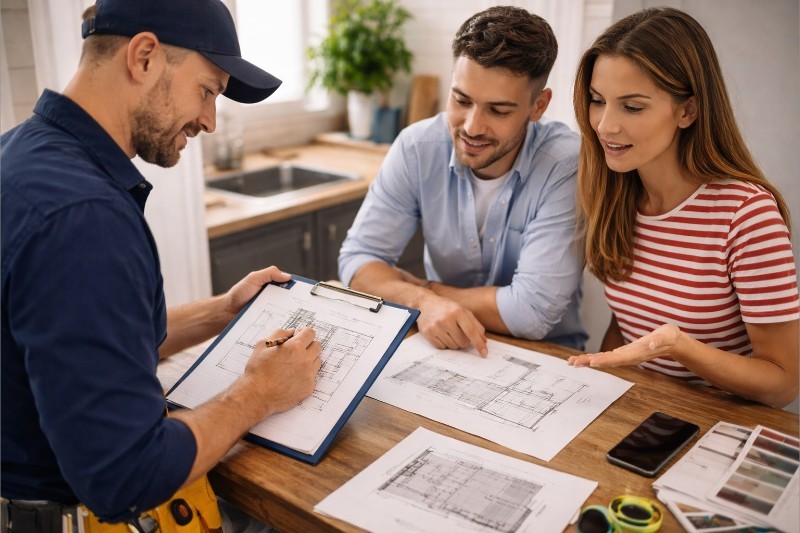 TopFix plumber discussing bathroom renovation quote with homeowners in South London