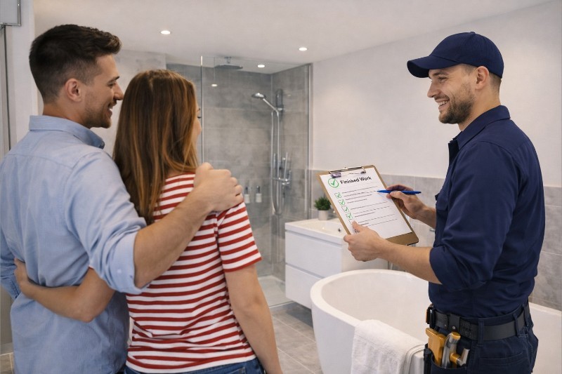 TopFix plumber signing off completed bathroom renovation with satisfied South London homeowners