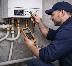 Gas Safe engineer diagnosing boiler fault — no hot water repair South London TopFix