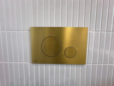 Brushed brass Alca dual-flush plate on white vertical mosaic tiles in South London bathroom renovation