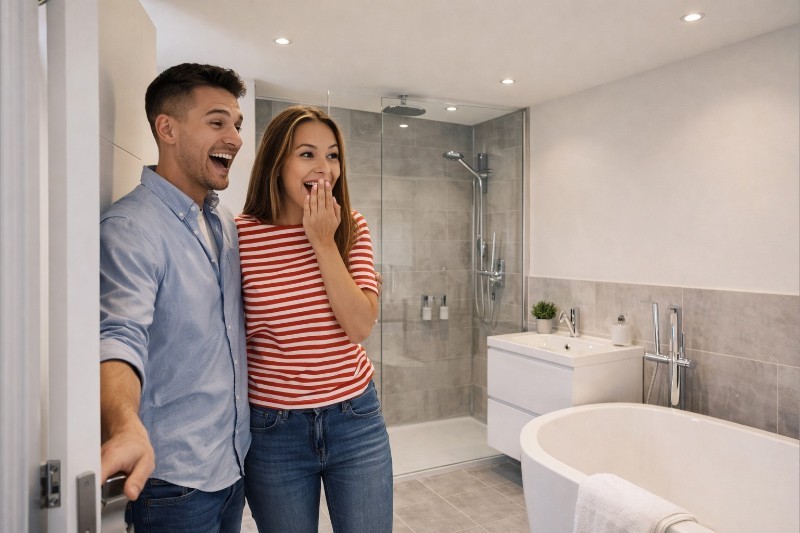 Homeowners seeing their newly renovated bathroom completed by TopFix in South London