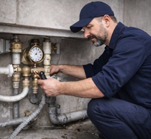 Plumber diagnosing low water pressure at pipework — TopFix South London