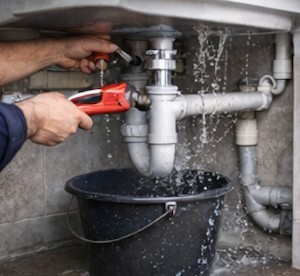 Plumber fixing overflowing sink and pipe leak — TopFix South London