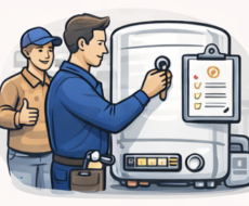 TopFix engineer reviewing boiler service checklist with South London landlord